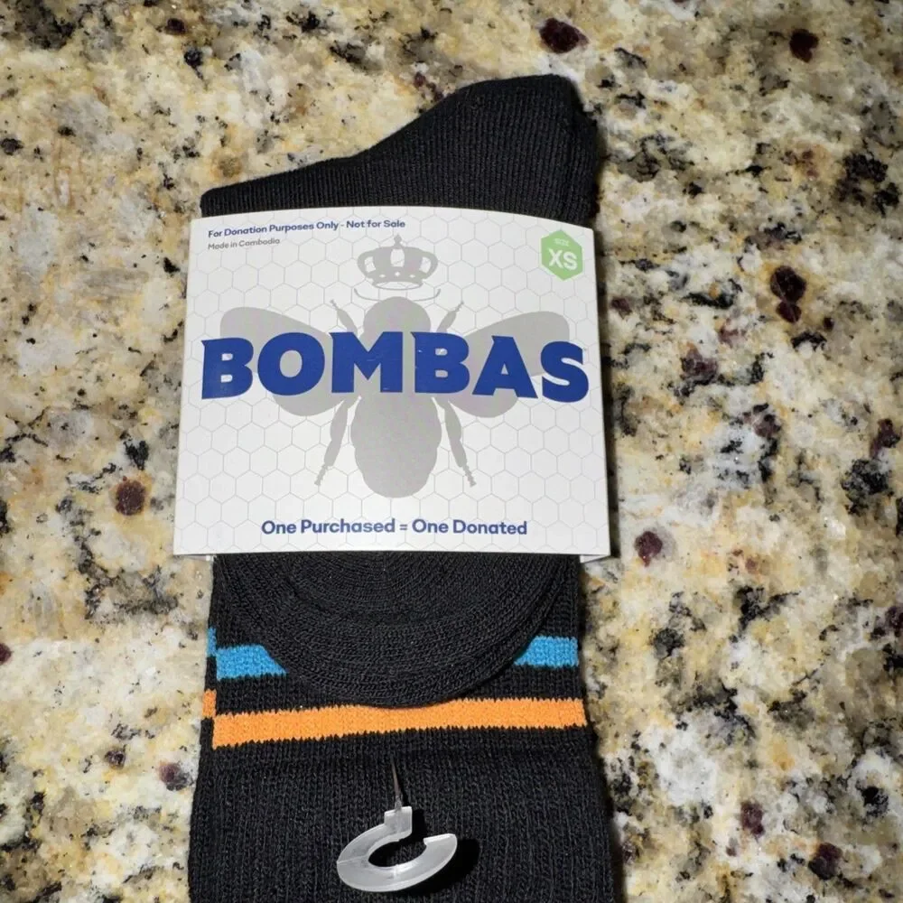 NWT Bombas Kids Black Socks X-Small W/ Orange & Blue Stripes Antimicrobial